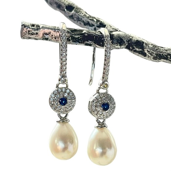 Vintage Style 925S Zirconia And Real Freshwater Drop Pearl Dangle Hook Earrings - Picture 2 of 14
